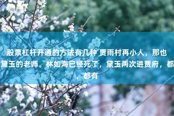 股票杠杆开通的方法有几种 贾雨村再小人，那也是黛玉的老师。林如海已经死了，黛玉两次进贾府，都有